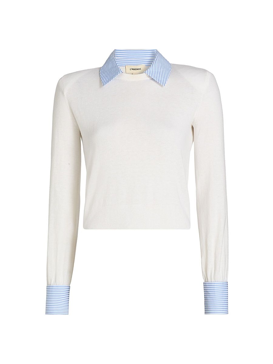 Women's April Cotton-Blend Poplin Sweater - White Blue Stripe - Size XL