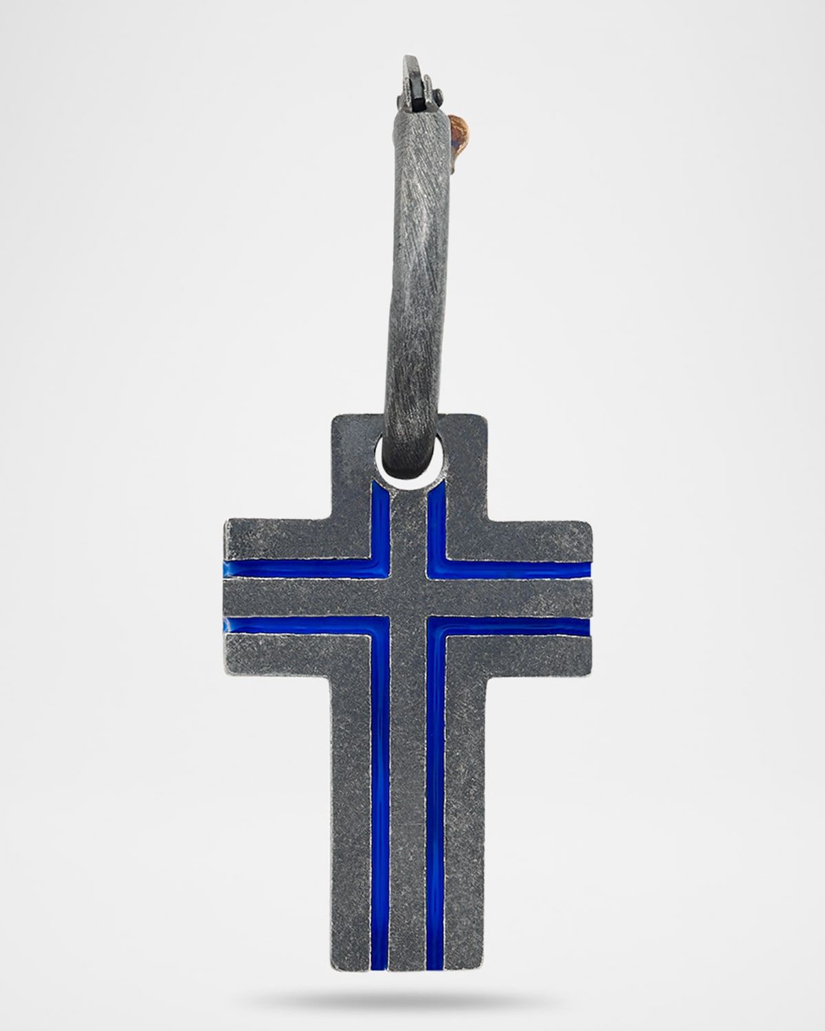 Men & apos;s The Cross Art Deco Style Mono Oxidized Silver and Blue Enamel Earring, Single