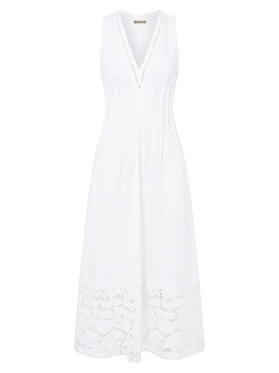 Women's Stina Broderie Anglaise Trim Linen-Blend Midi-Dress - Ivory - Size 12