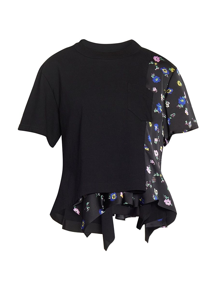 Women's Floral Mixed-Media T-Shirt - Black Black - Size Medium
