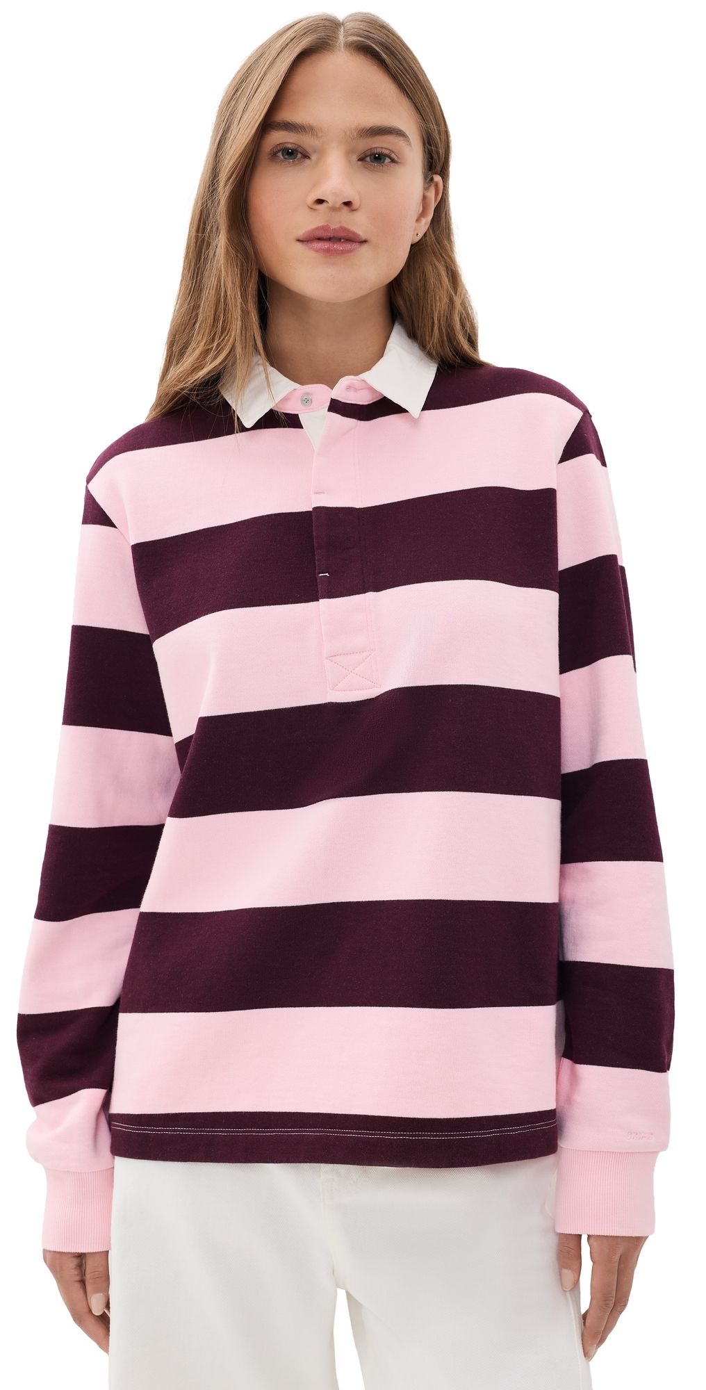 SKIMS Long Sleeve Polo Currant Rugby Stripe M