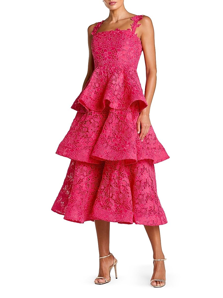 Women's Floral Lace Tiered Midi-Dress - Hot Pink - Size 16