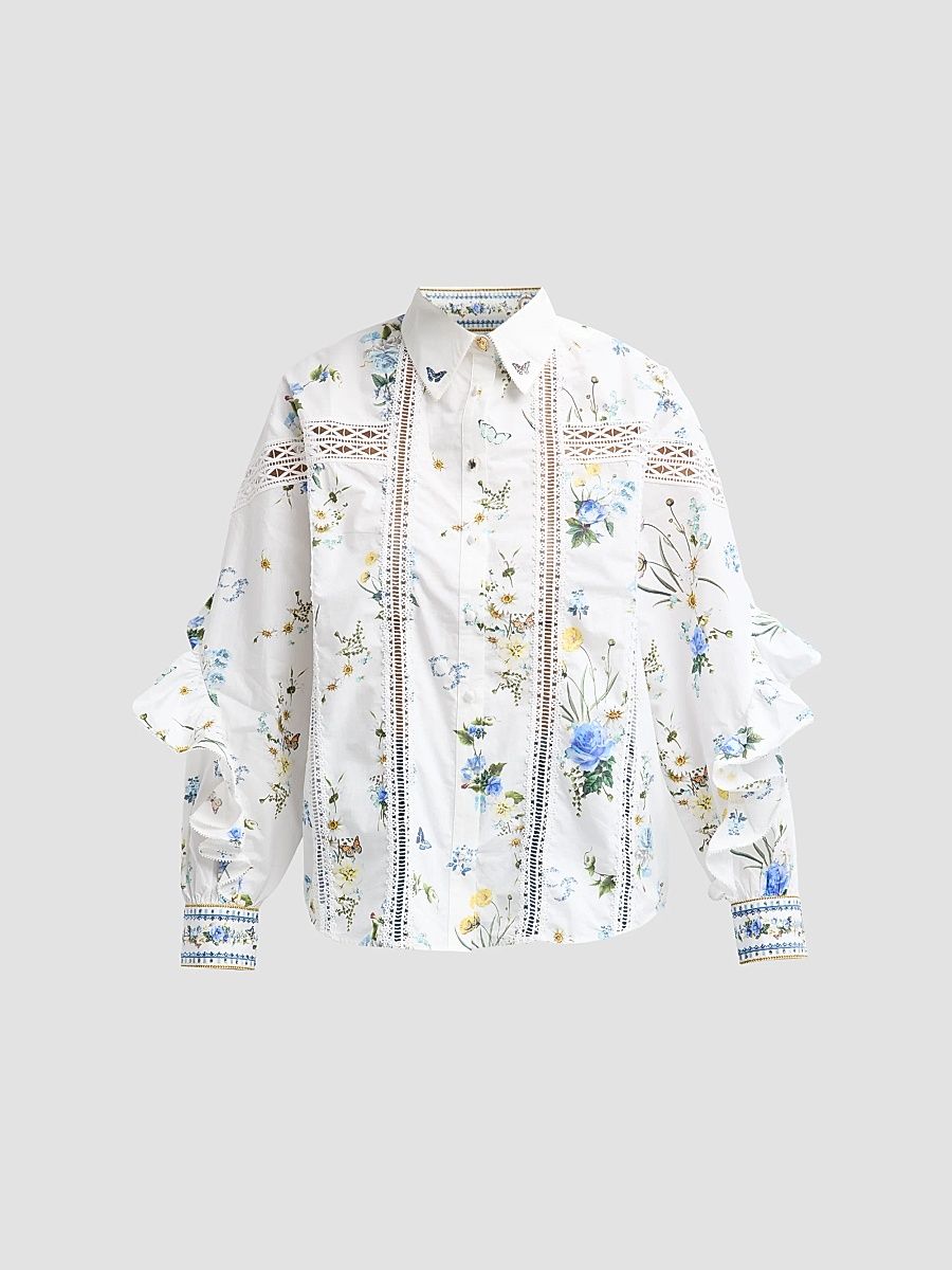 Women's Floral Cotton Frill Shirt - White - Size Medium