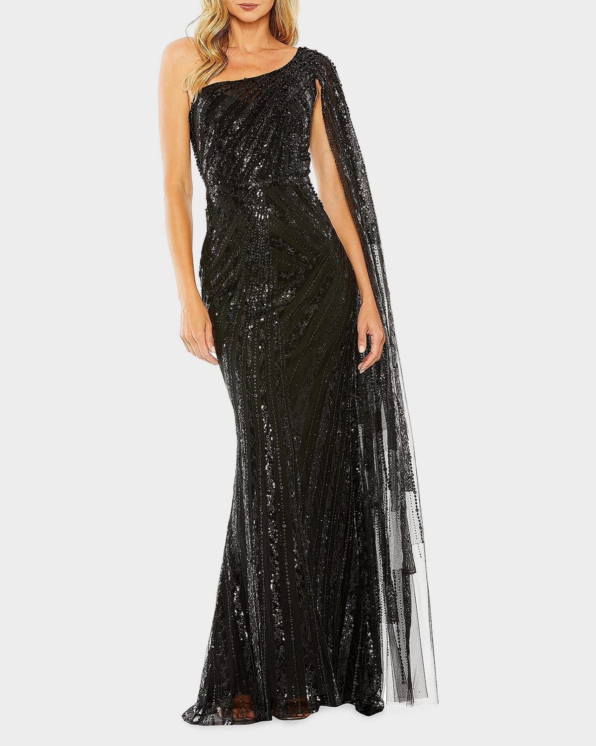 Cape-Sleeve Sequin Column Gown