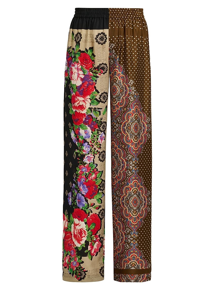 Women's Mixed Floral Print Silk Trousers - Multi Color - Size 14