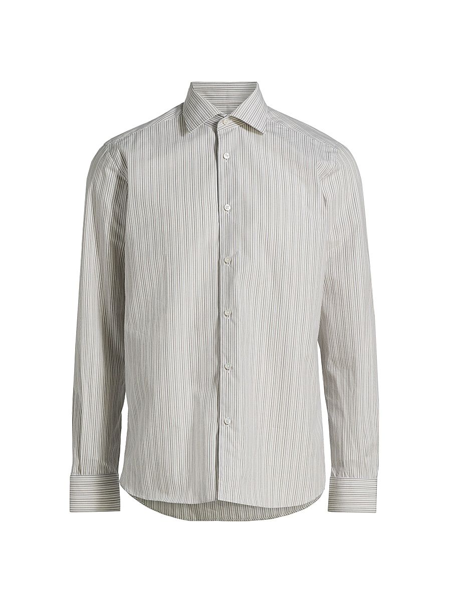 Men's Striped Cotton-Blend Button-Front Shirt - Brown - Size XXL