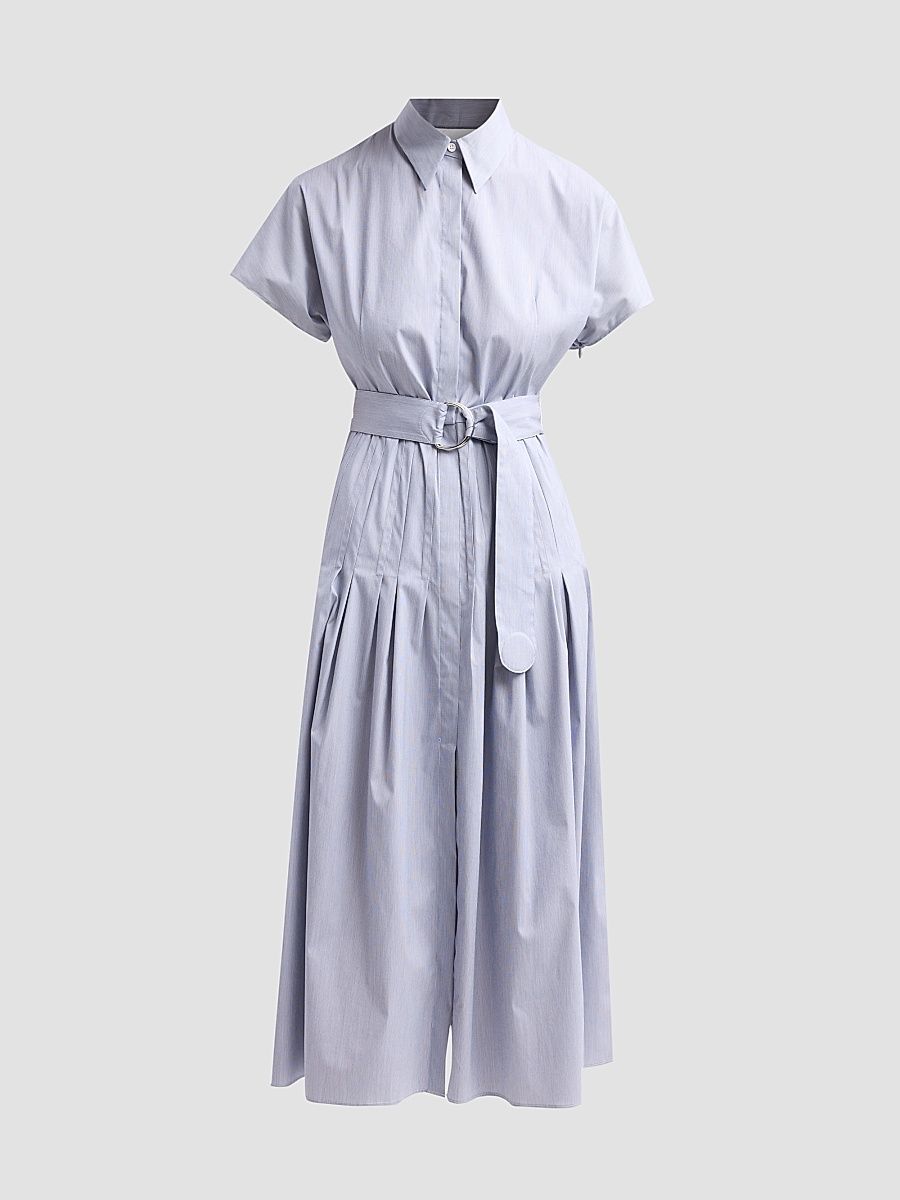 Women's Belted Cotton Midi Dress - Navy Cream - Size 16
