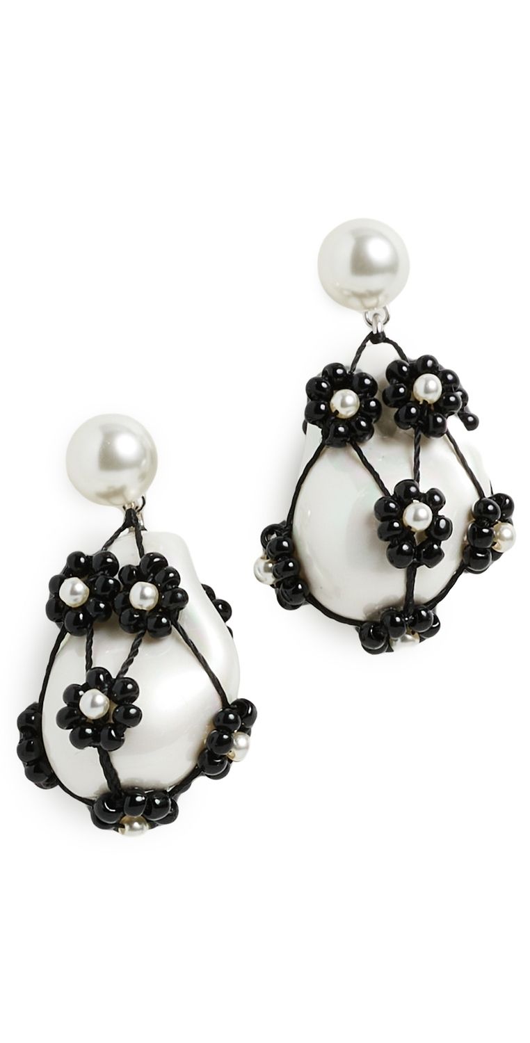 Tory Burch Curiosity Beaded Pearl Drop Earrings Tory Silver/Black One Size