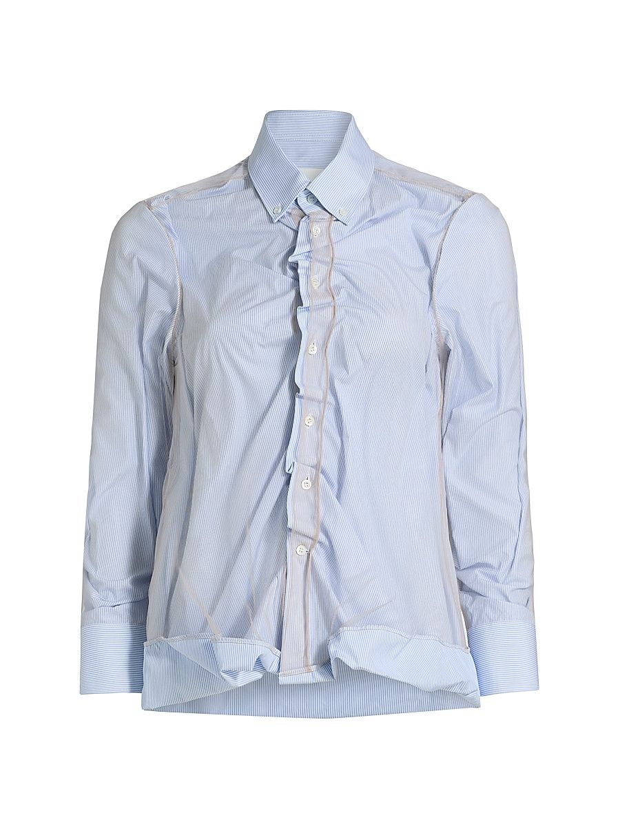 Women's Crinkled Stripe Cotton Button-Down Shirt - Light Blue Stripe - Size 8