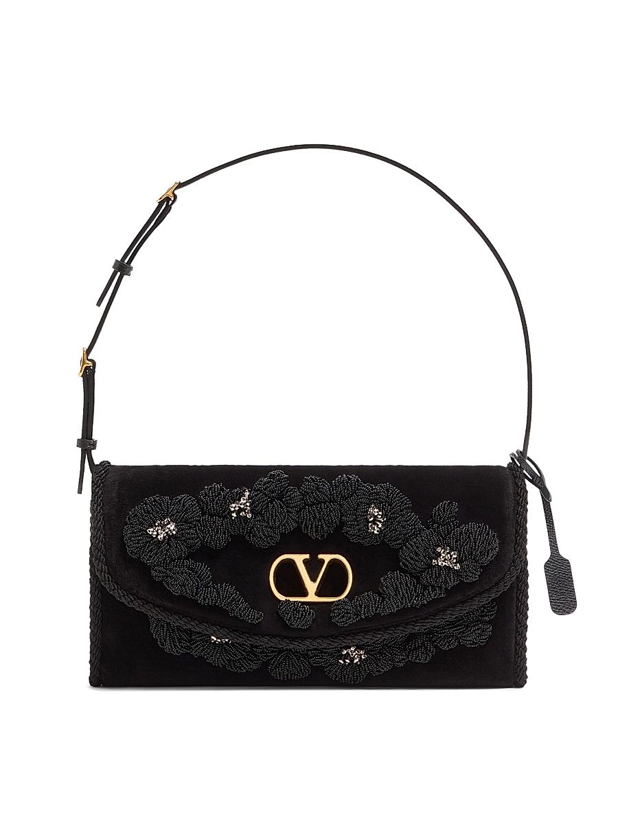Women's Devain Small Embroidered Velvet Shoulder Bag - Black
