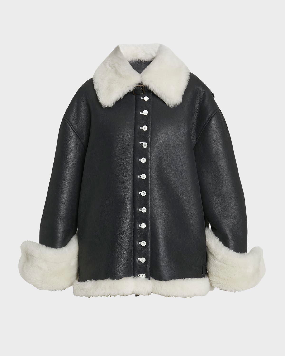 Leather Button-Front Jacket with Shearling Lining