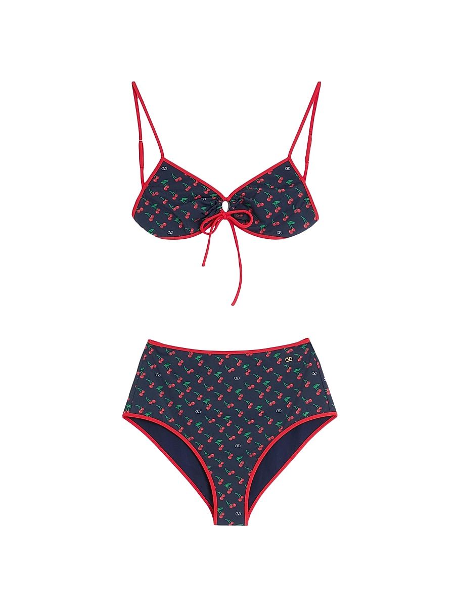 Women's Lycra Bikini with Cherryfic Print - Navy Cherry Red - Size XL