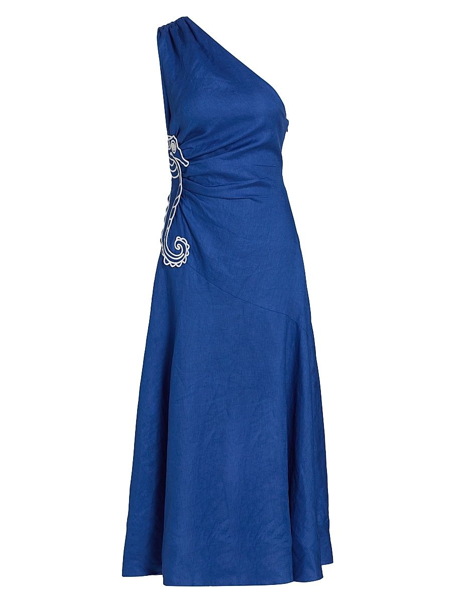 Women's Seahorse-Embroidered One-Shoulder Midi-Dress - Blue - Size Large