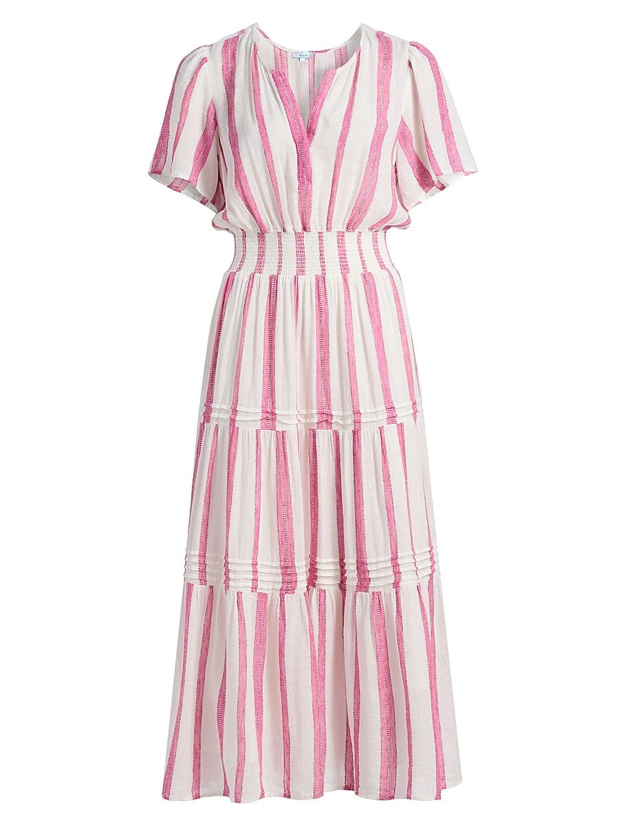 Women's Cannes Striped Tiered Linen-Blend Midi-Dress - Delfine Stripe - Size XL