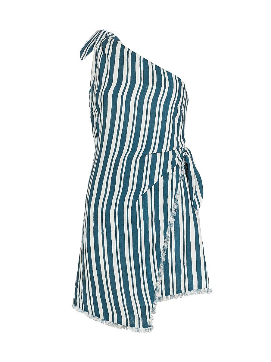 Women's Striped Linen-Cotton One-Shoulder Minidress - Ink Macadamia Stripe - Size 2