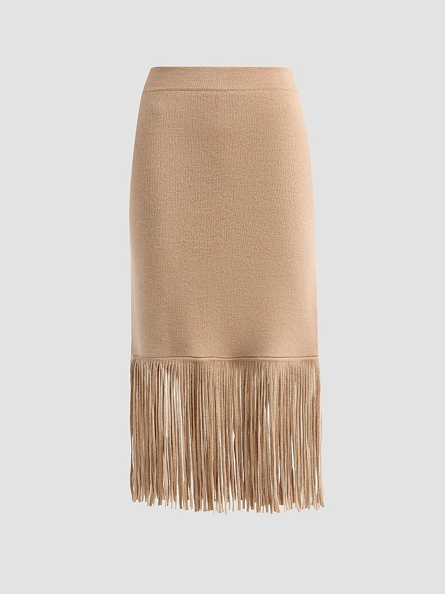 Women's Delphi Knit Fringe Merino Wool Midi Skirt - Camel - Size XS