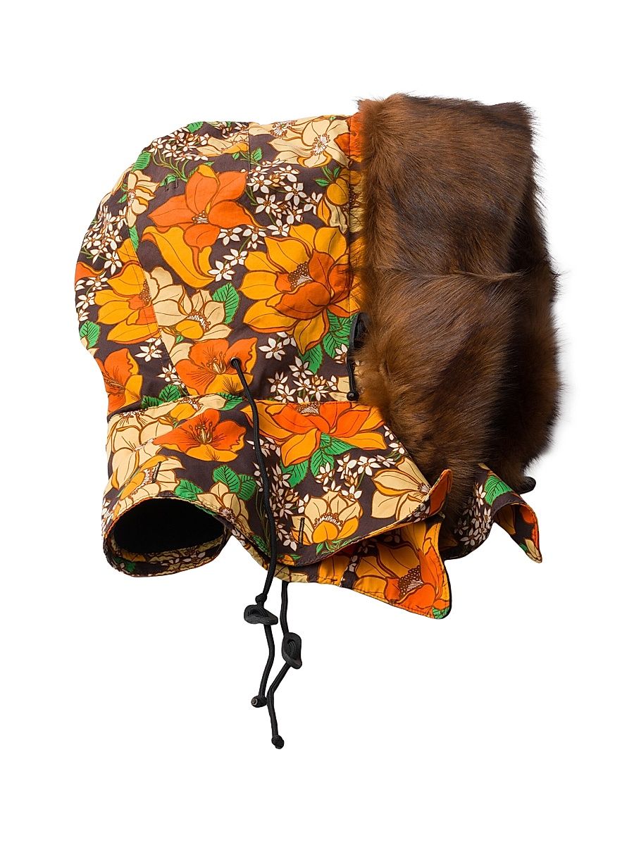 Men's Printed Poplin and Shearling Hood - Brown