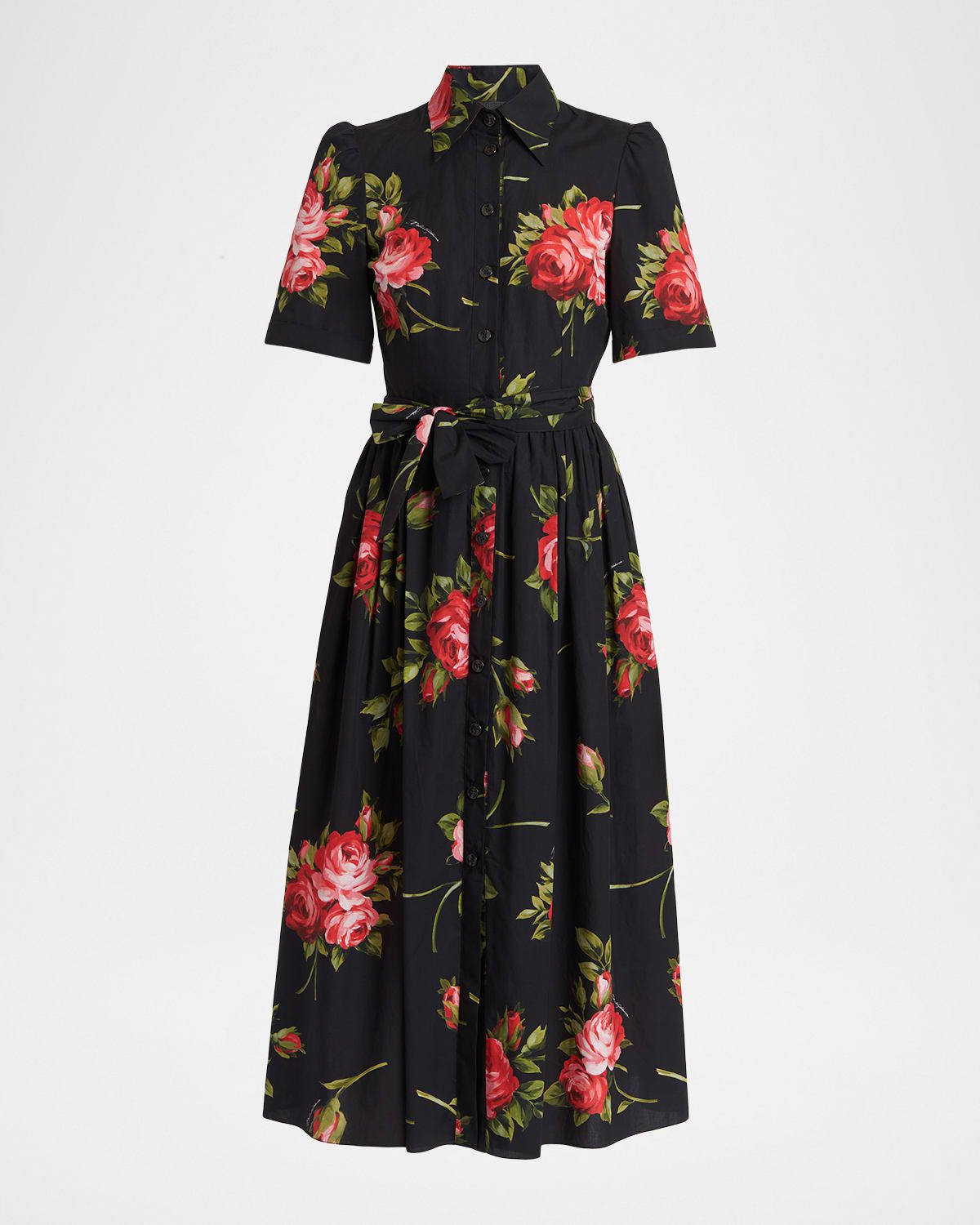 Floral Poplin Short-Sleeve Belted Midi Shirtdress