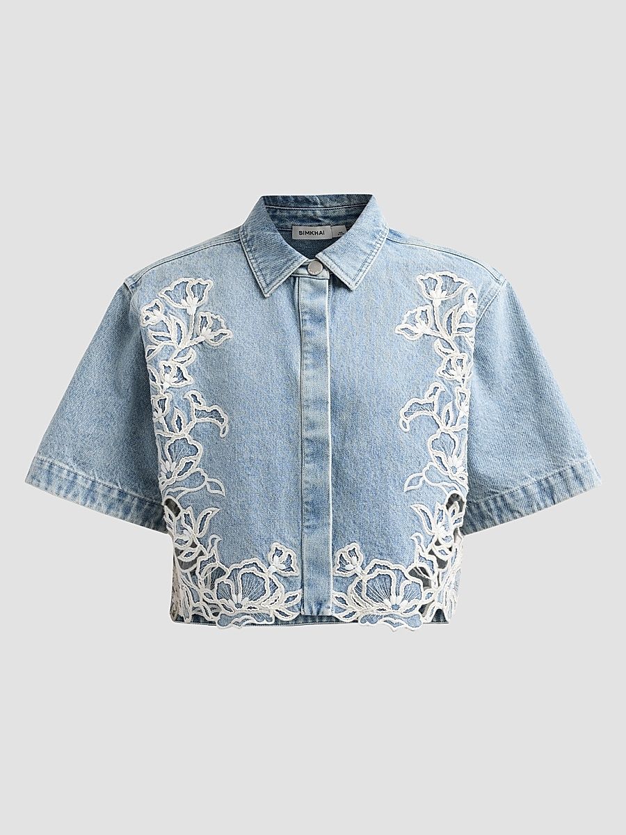 Women's Albaine Embroidered Denim Shirt - Light Indigo - Size XS