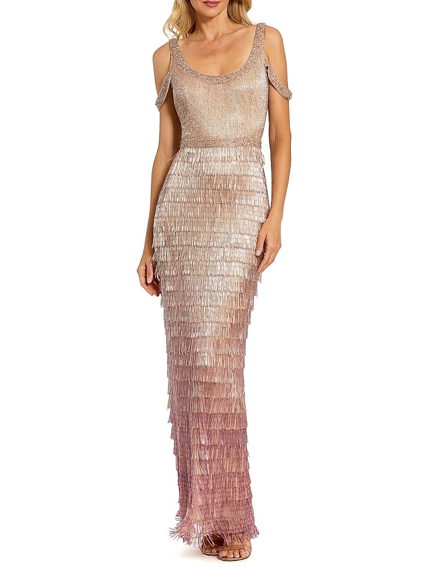 Women's Evening Beaded Body-Con Gown - Pink Ombre - Size 14