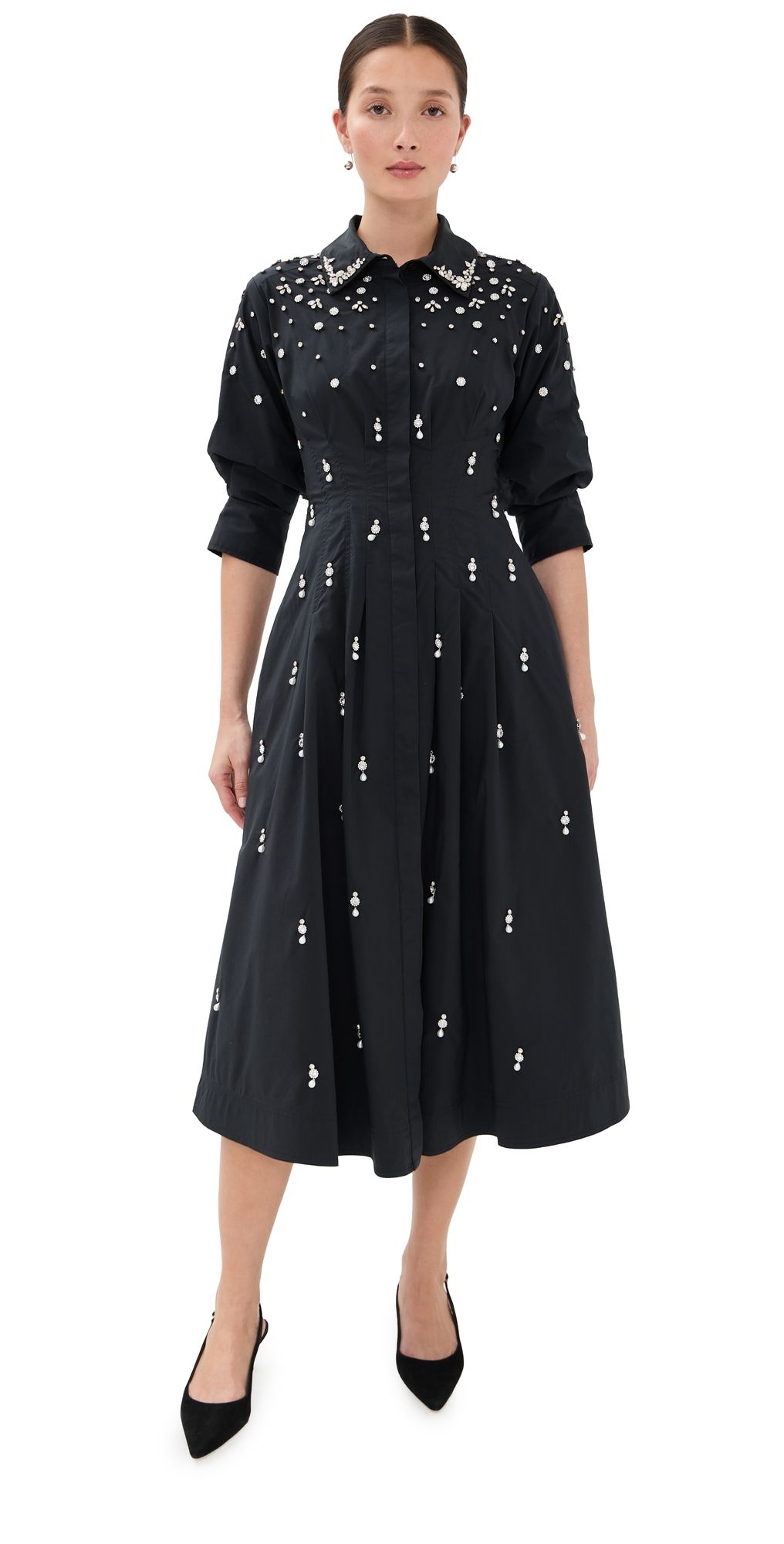 SIMKHAI Jazz Embellished Pintuck Midi Dress Black S