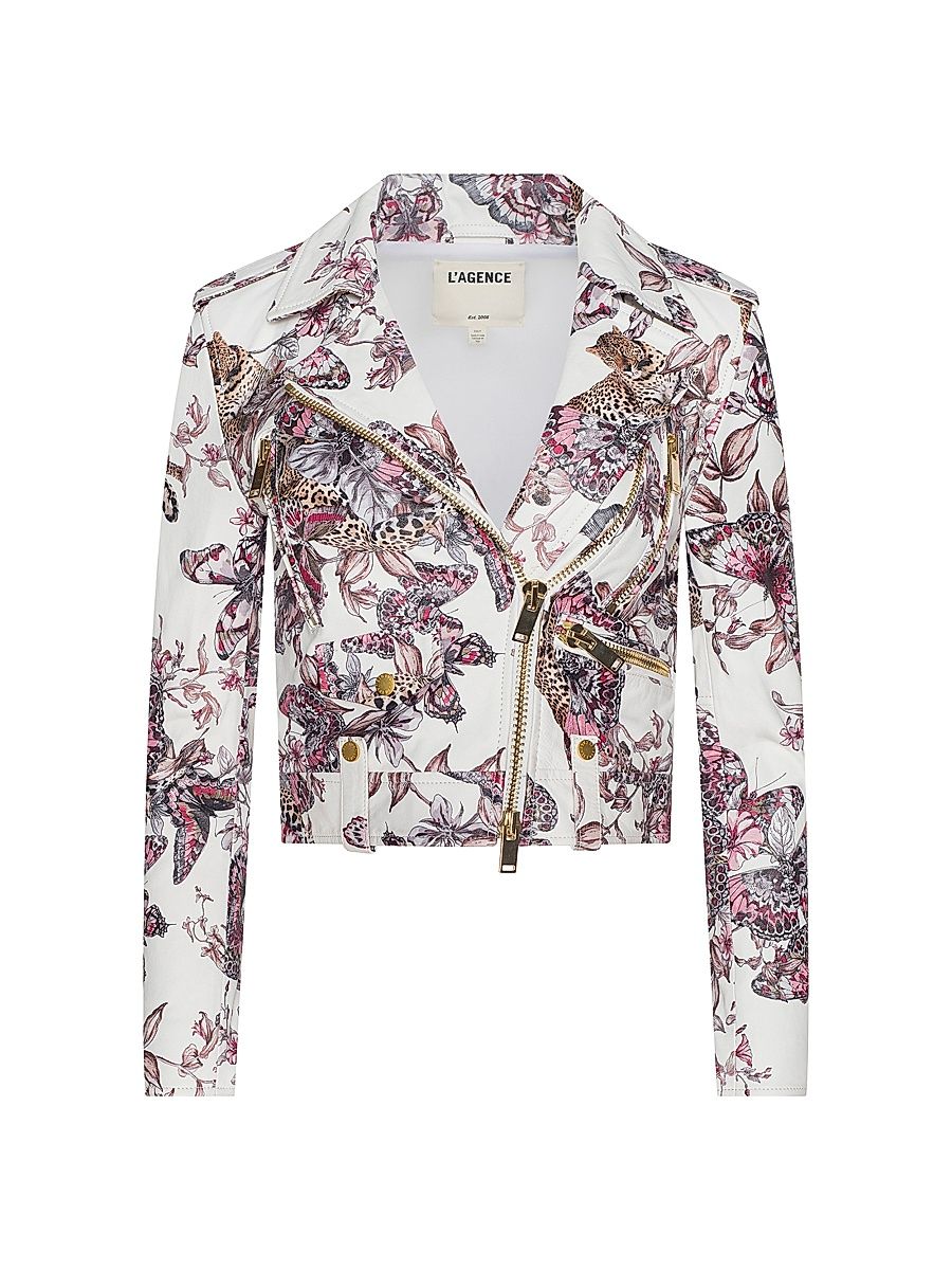 Women's Blakely Printed Leather Biker Jacket - White Multi Butterfly Jungle - Size Medium