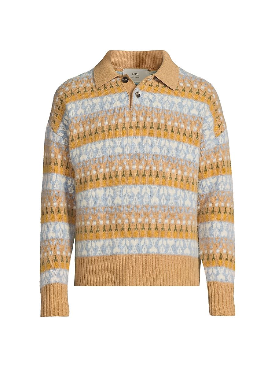 Men's Jacquard Polo Sweater - Camel Sky Ivory - Size Large