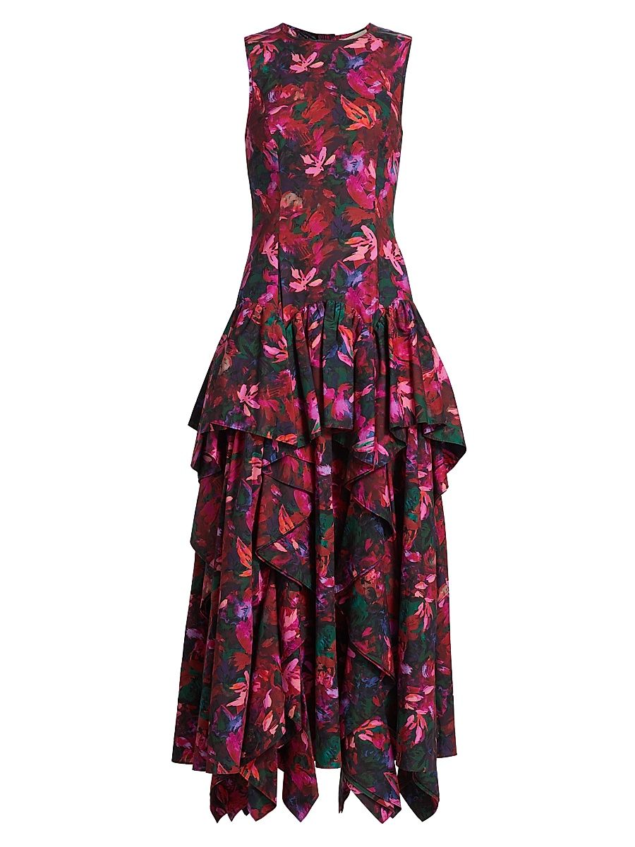 Women's Mural Floral Cotton Poplin Midi-Dress - Hibiscus - Size 2