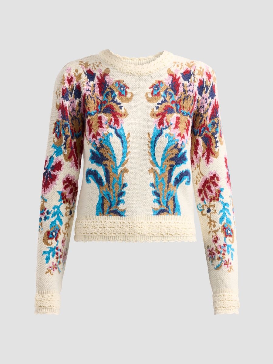 Farm Rio Women's Crochet-Trim Arabesque Sweater - Off White - Size Large