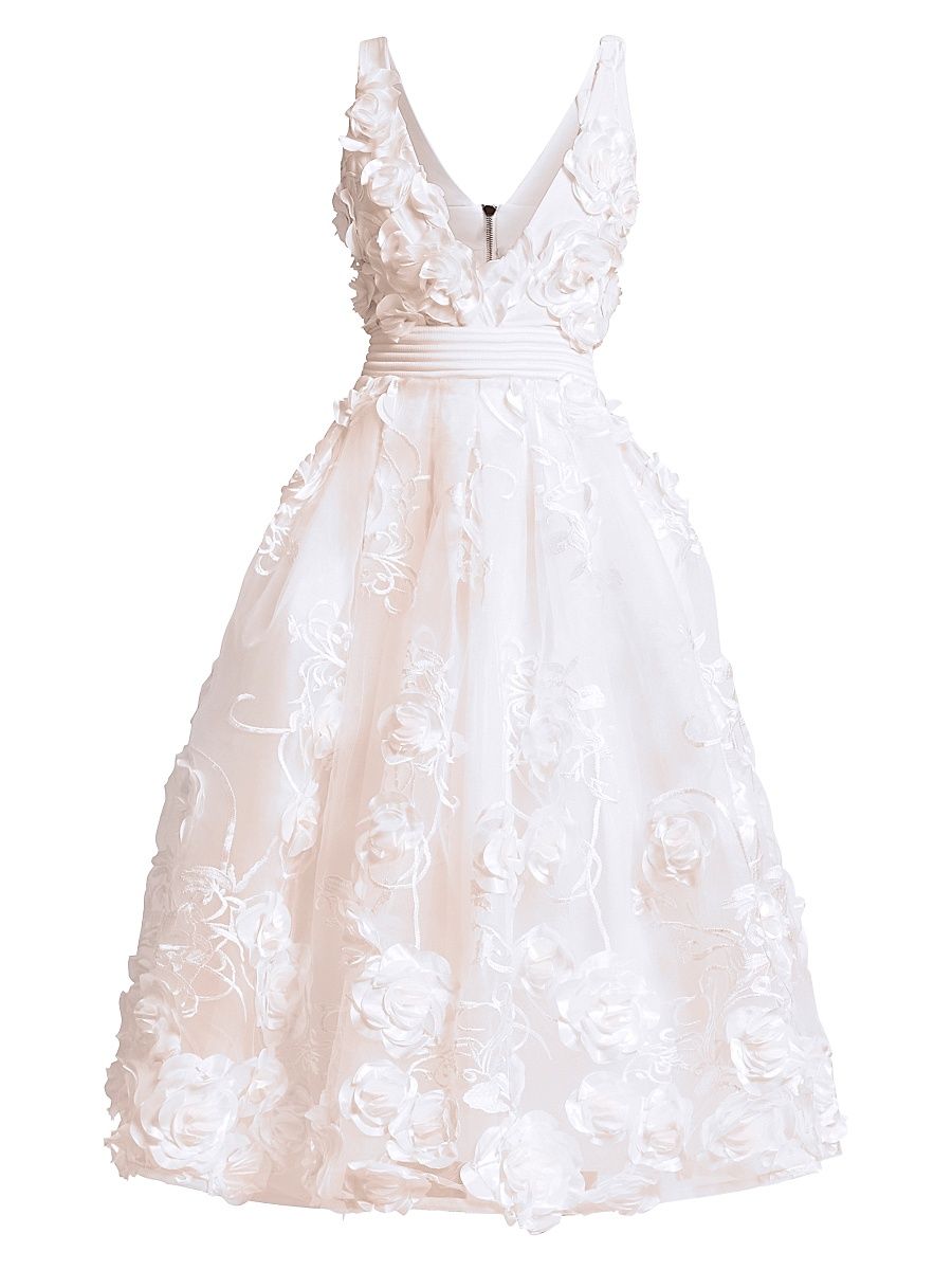Women's Odette Floral Applique Tea-Length Dress - Ivory - Size 14