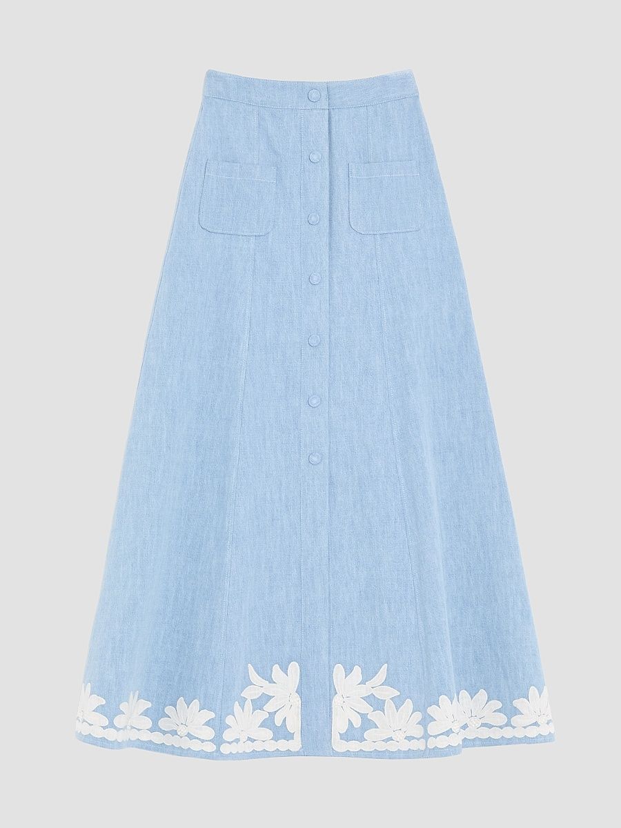 Women's Embroidered Denim Midi Skirt - Denim - Size 8