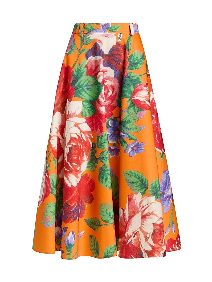 Women's Floral Stretch Cotton Midi-Skirt - Multi Orange - Size 14