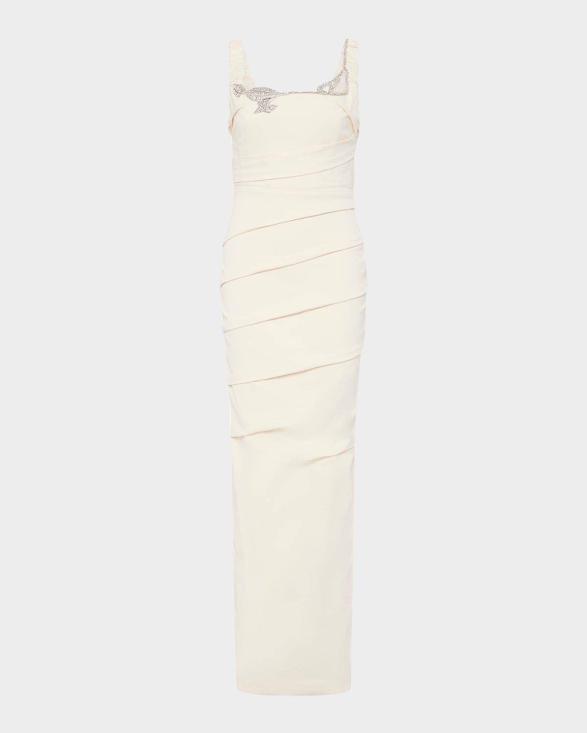Rhodes Crystal Square-Neck Pleated Column Gown