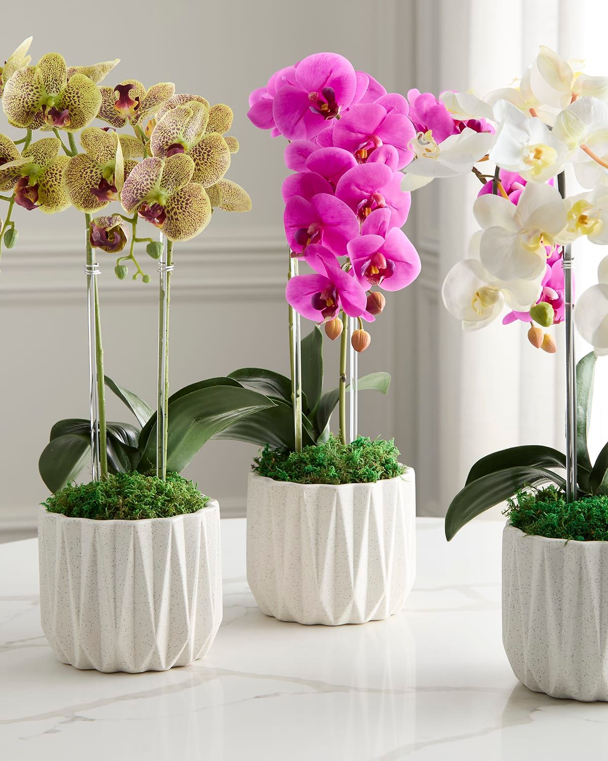 Double Orchid 20" Faux Floral Arrangement in Geometric Pot