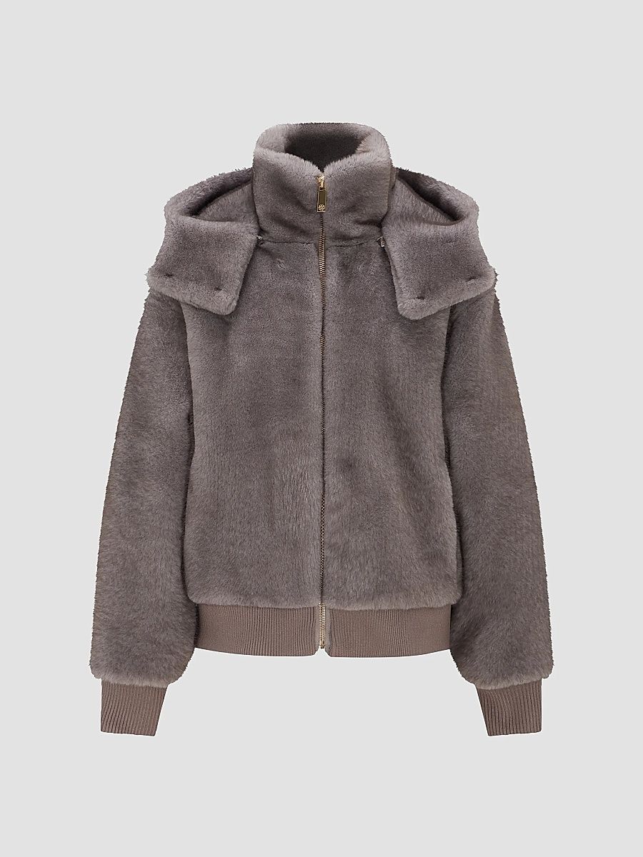 Lyla Grant Women's Faux Fur Mink Hooded Jacket with Knitted Cuffs and Bottom - Dark Grey - Size XS