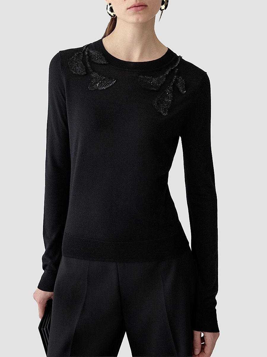 Women's Embroidered Wool & Silk-Blend Long-Sleeve Sweater - Black - Size XS