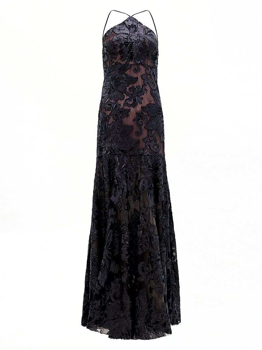 Women's Lottise Floral-Sequined Halter Gown - Black - Size Large