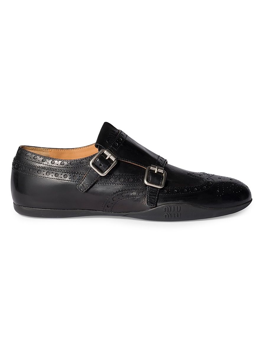 Women's Calf Leather Brogue Shoe with Buckles - Black - Size 11
