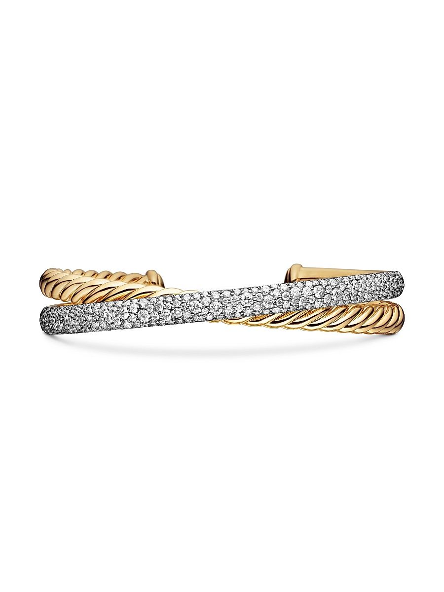 Women's Pavé Crossover Two Row Cuff Bracelet in 18K Yellow Gold - Diamond - Size Small