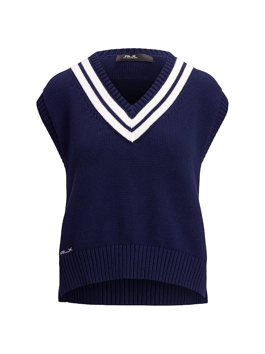 Women's Cotton-Blend Sleeveless Sweater - Refined Navy Ceramic White - Size Medium