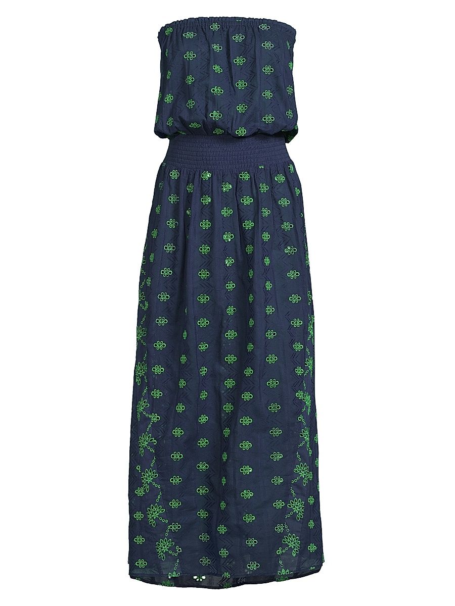 Women's Cynthia Cotton Eyelet Midi-Dress - Navy Palm Green - Size XL
