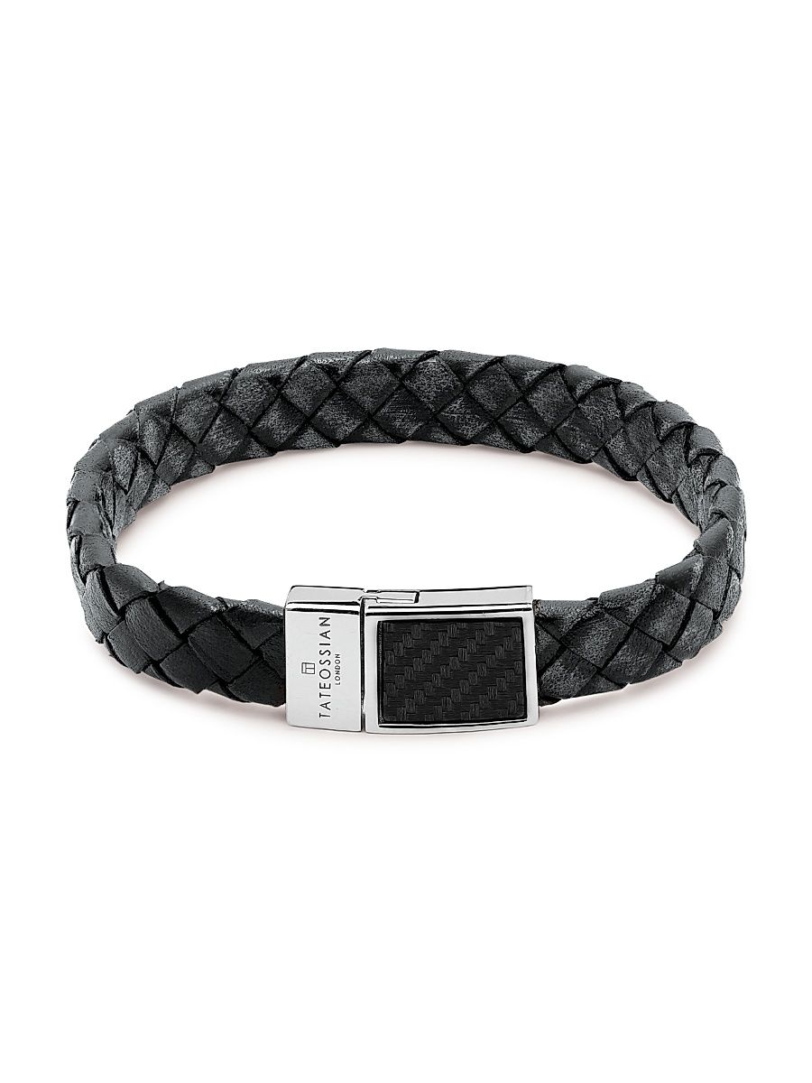 Tateossian Men's Carbon Braided Leather Bracelet - Grey - Size Medium