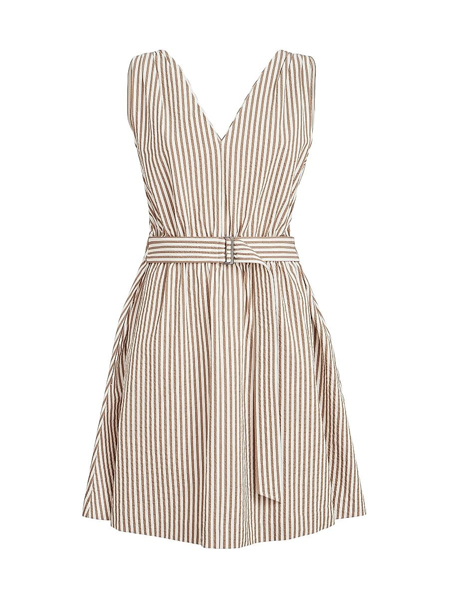 Women's Techno Cotton Striped Seersucker Belted Mini Dress - Beige - Size XXXXL