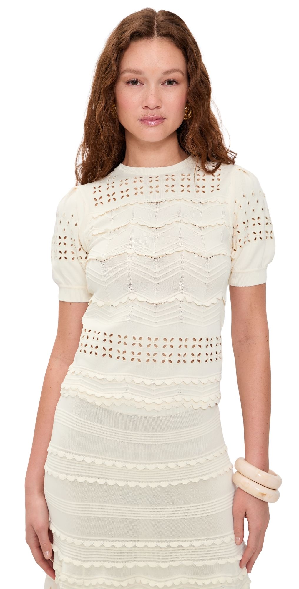 Ulla Johnson Marcelena Eyelet Knit Top Cowrie XL
