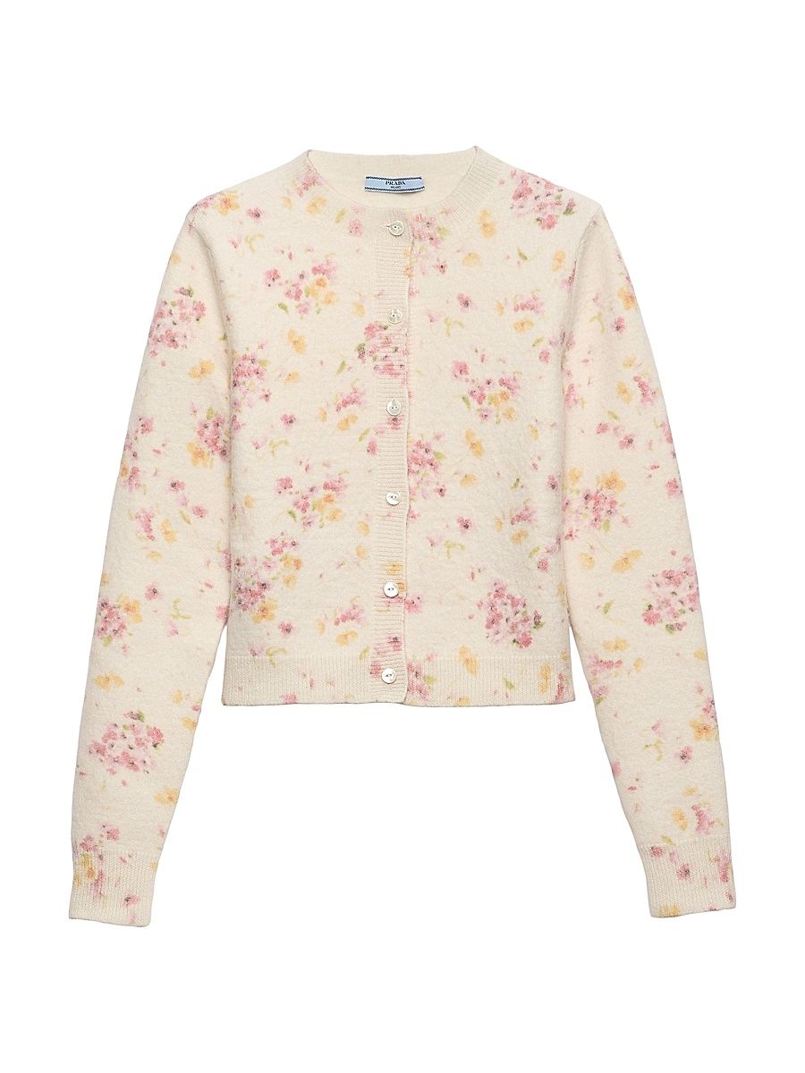 Women's Floral Print Wool Cardigan - Pink - Size 12