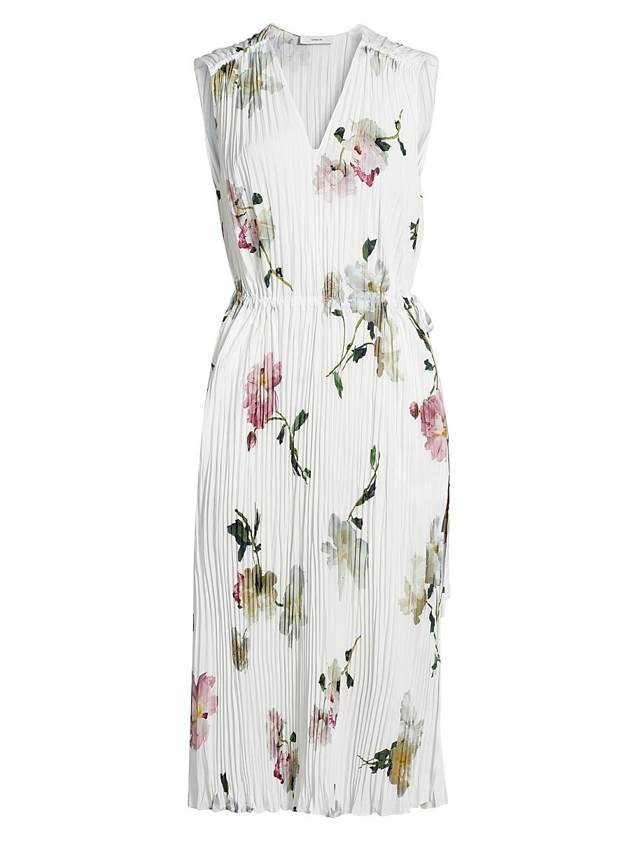 Women's Wilted Peony Pleated V-Neck Midi-Dress - White Peony - Size XL