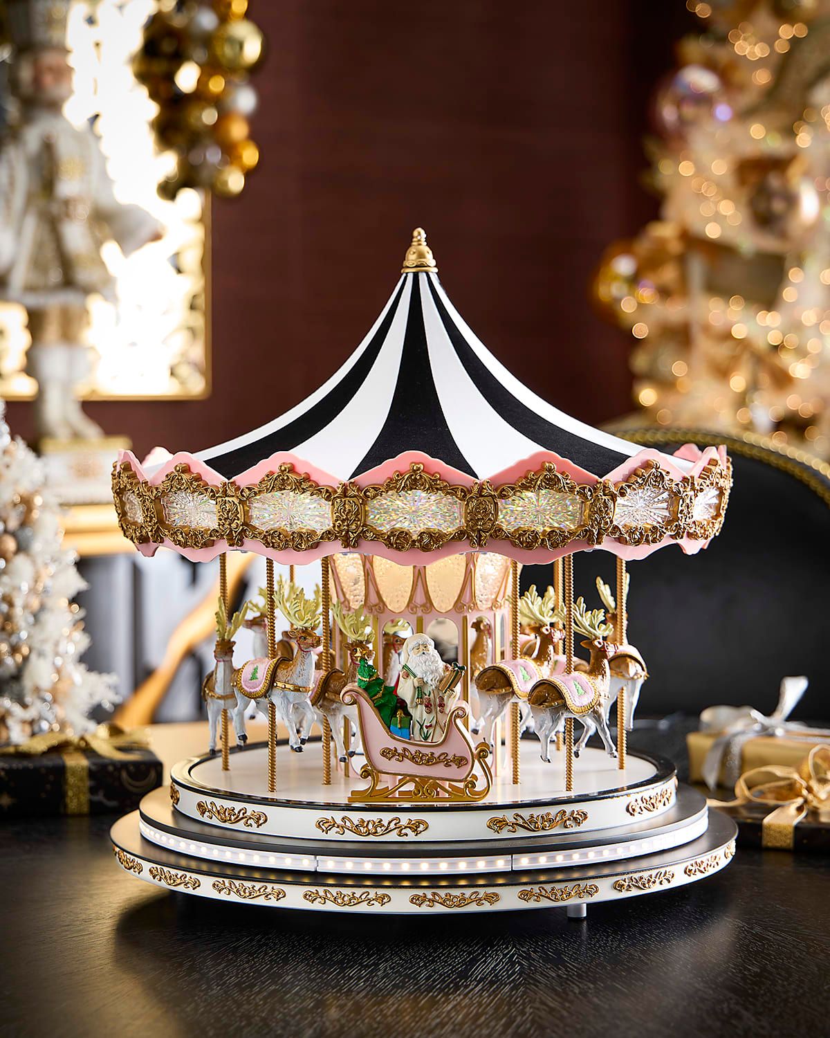 Deluxe Christmas Carousel with Black and White Canopy