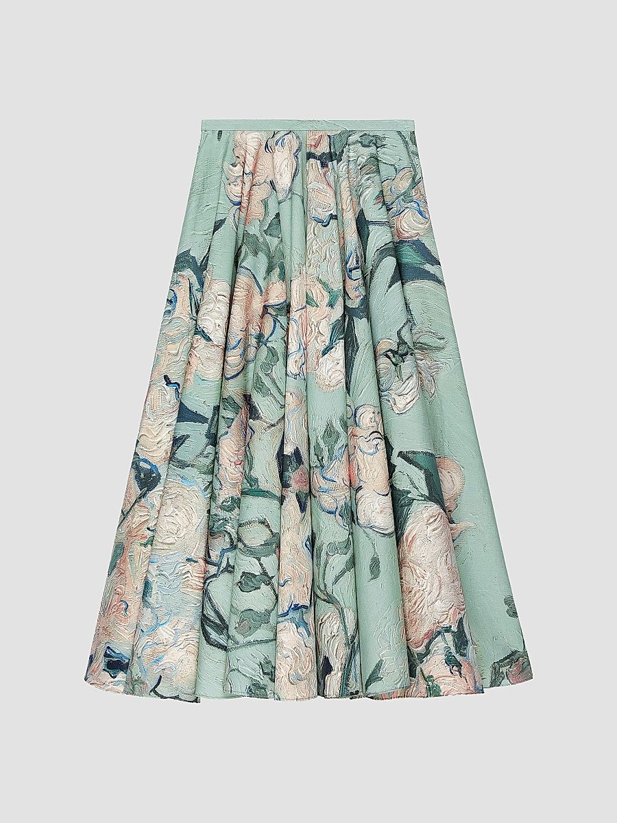 Givenchy Women's Long Circular Skirt in Poplin with Roses Print - Mint Green - Size 10