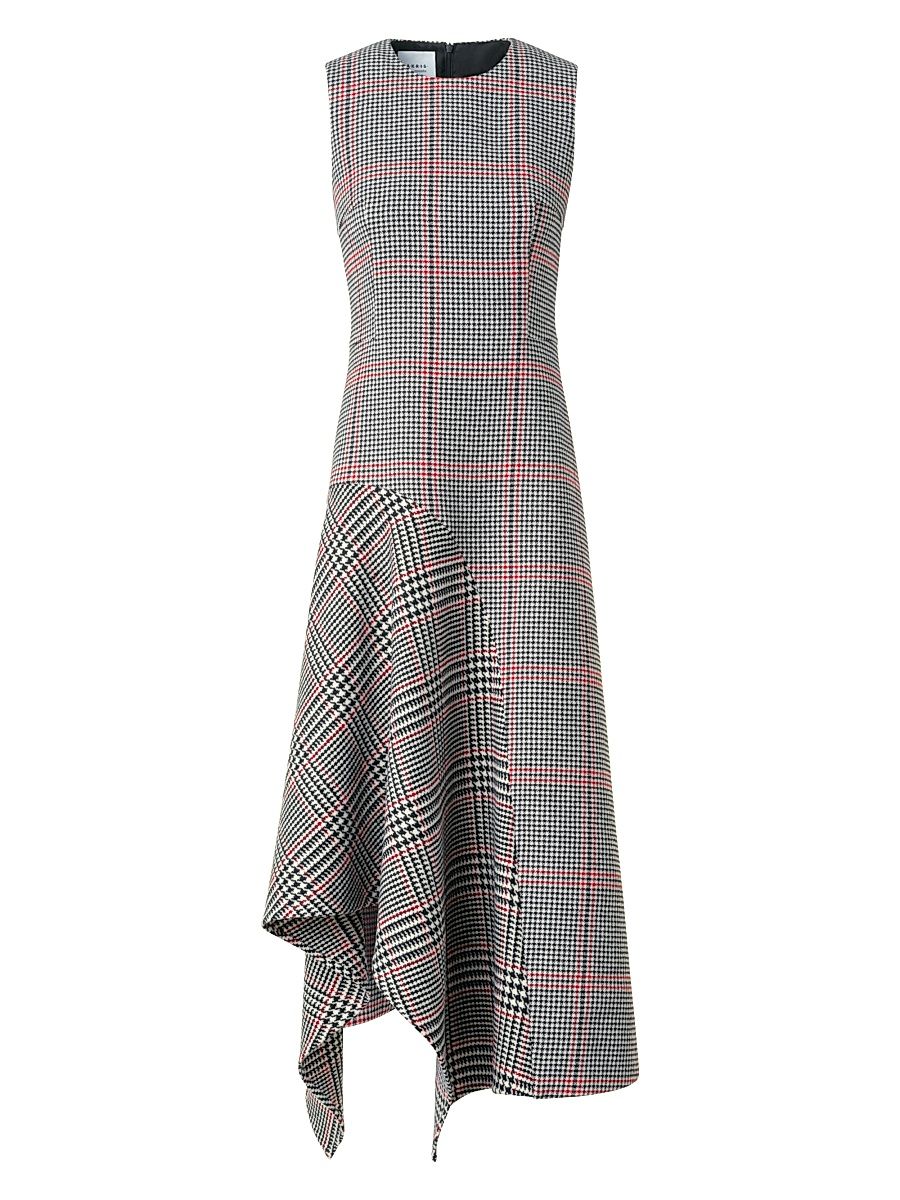 Women's Houndstooth Wool Fresco Midi-Dress - Black Cream Vermillion - Size 10