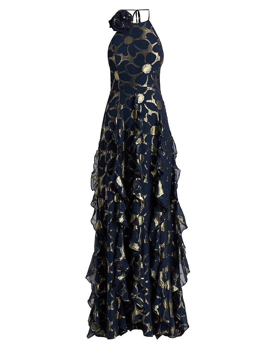 Women's Idella Daisy Metallic Jacquard Gown - Navy Jacquard - Size 14